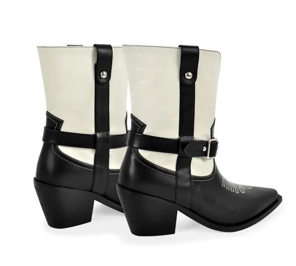Women Fashion Color Patchwork Faux Leather Buckled Western Ankle Boots