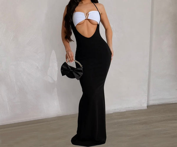 Women Sexy B&W Bling Halter Sleeveless Cut Out Maxi Dress