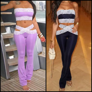 Women Strapless Color Lace Patchwork Two Piece Pant Set