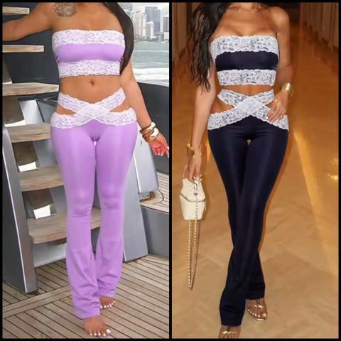 Women Strapless Color Lace Patchwork Two Piece Pant Set