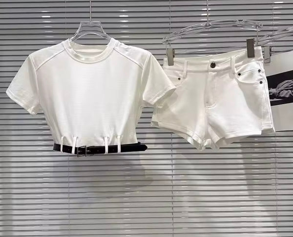 Women Fashion Belted Short Sleeve Crop Two Piece Short Set