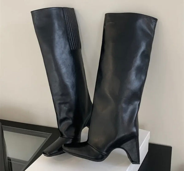 Women Fashion Square Toe Faux Leather Knee High Boots