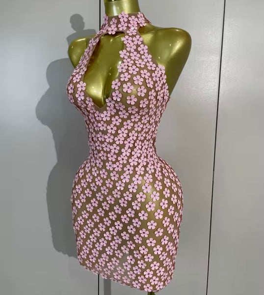 Women Pink Halter Sleeveless Sexy Floral Mesh Dress
