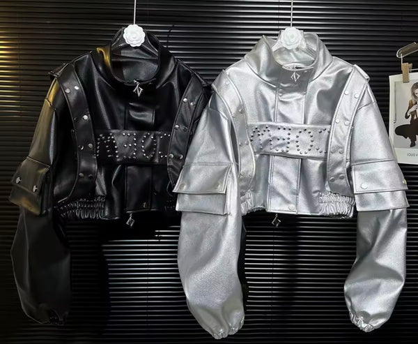 Women Fashion Rivet Faux Leather Jacket