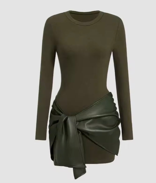 Women Color Fashion Faux Leather Wrap Full Sleeve Dress