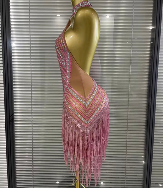 Women Pink Halter Sleeveless Rhinestone Tassel Mesh Dress