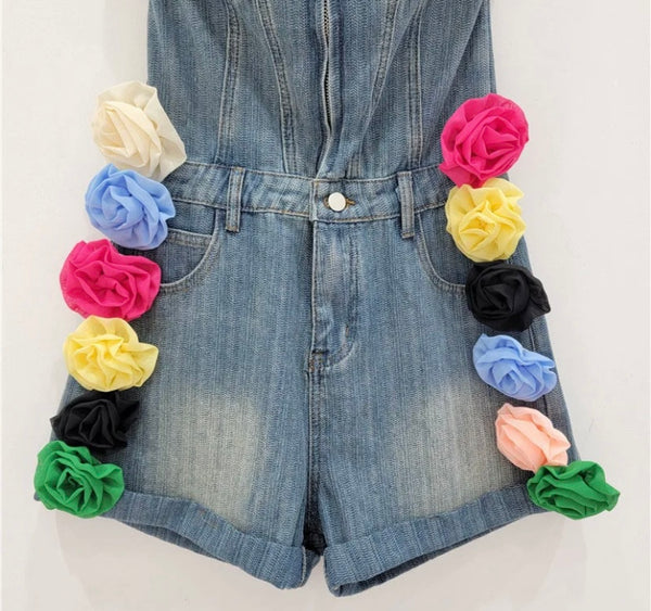 Women Fashion Front Zipper Floral Strapless Denim Romper