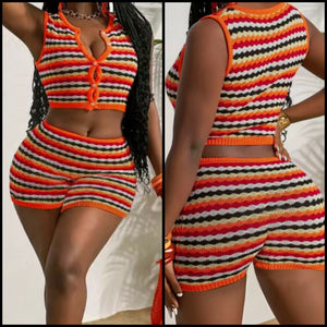 Women Button Up Sleeveless Striped Fashion Two Piece Short Set