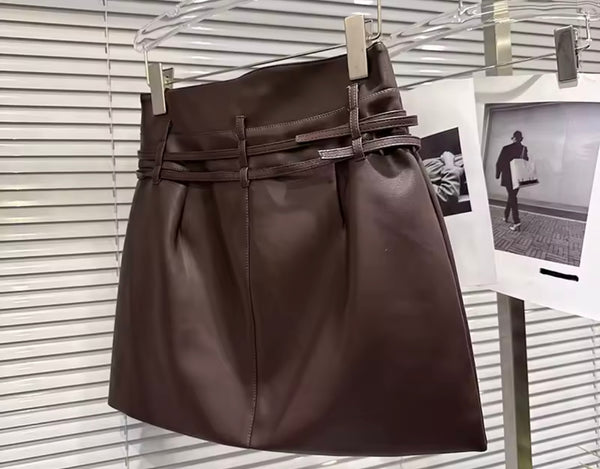 Women Pocket Double Belted Faux Leather Skirt