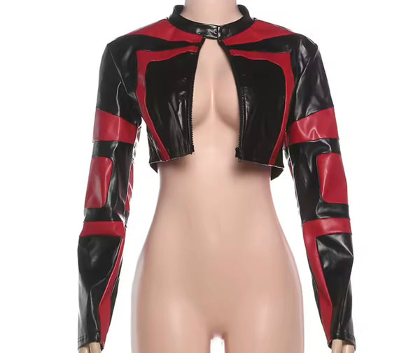 Women Fashion Cropped Color Patchwork Faux Leather Jacket