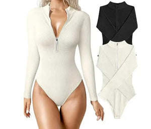 Women Fashion Ribbed Front Zipper Full Sleeve Bodysuit Top