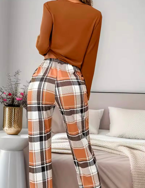 Women Fashion Bear Full Sleeve Plaid Lingerie Set