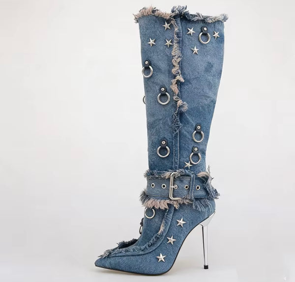 Women Fashion Rivet Fringe Buckle Denim Knee High Boots