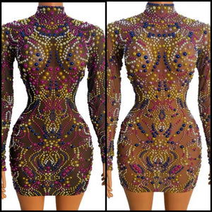 Women Sexy Full Sleeve Colorful Beaded Mesh Dress