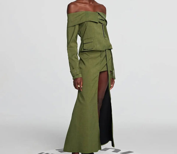 Women Green Off The Shoulder Full Sleeve Sexy Two Piece Skirt Set