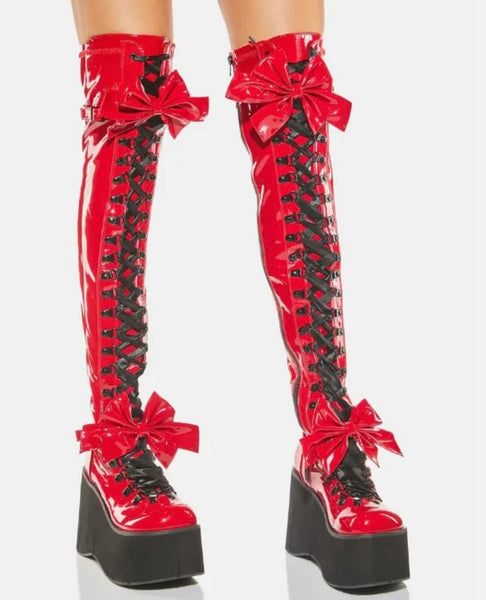 Women Fashion Red Bow Lace Up Platform Over The Knee Boots