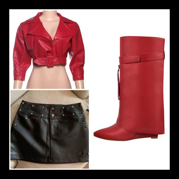 Women Color Fashion Zip Up Buckled Faux Leather Crop Jacket