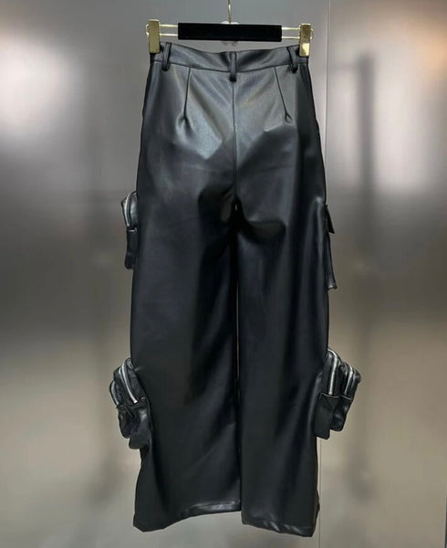 Women Black Fashion Pocket Faux Leather Wide Leg Pants