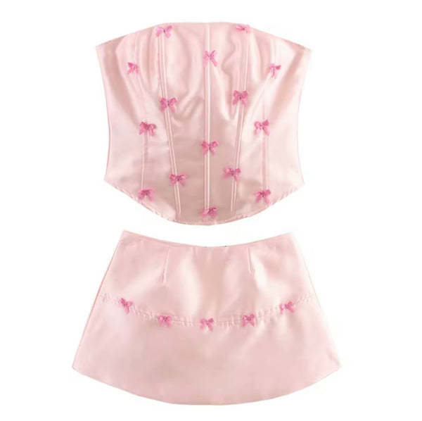 Women Sexy Strapless Bow Corset Two Piece Skirt Set