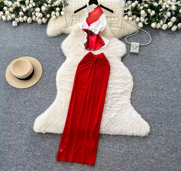 Women Sexy Floral Halter Open Back Sleeveless Two Piece Maxi Skirt Set