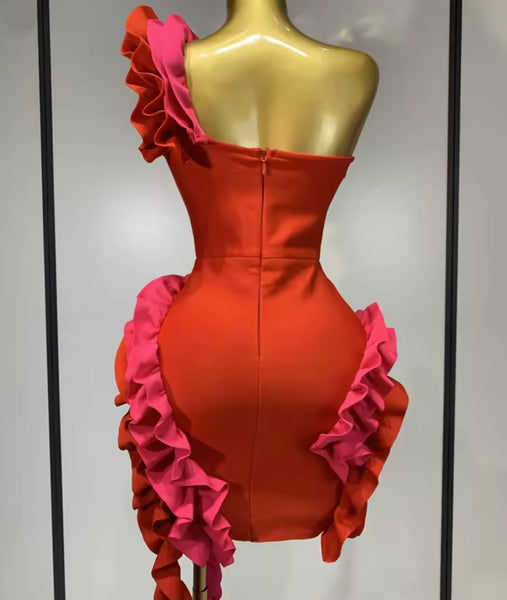 Women Sexy Red One Shoulder Ruffled Dress