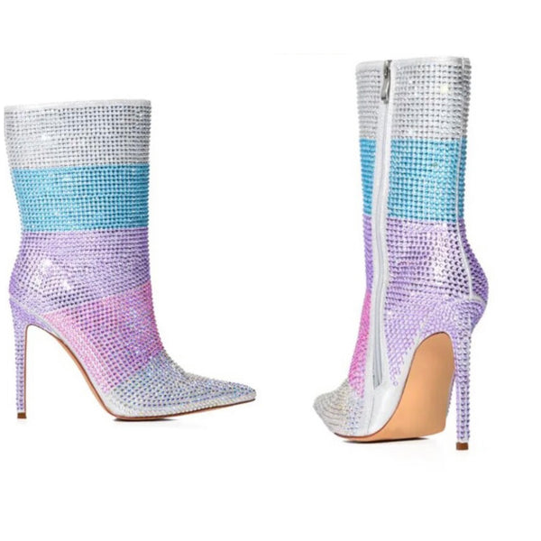 Women Colorful Bling Rhinestone Fashion Zip Up Ankle Boots
