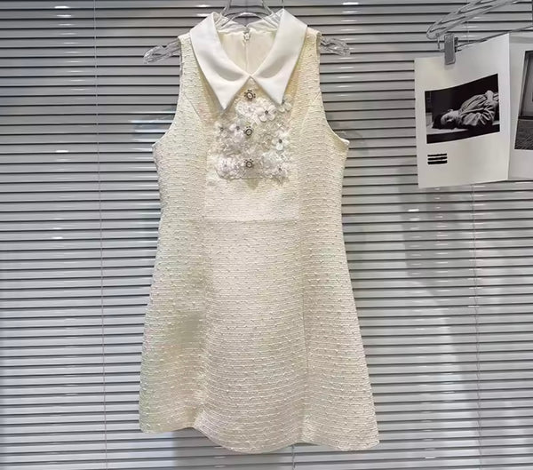 Women Collar Sleeveless Lace Tweed Dress
