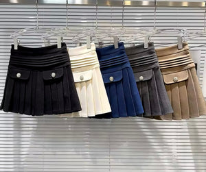 Women Color Fashion Pocket Pleated Skirt