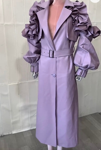 Women Color Ruffled Fashion Faux Leather Trench Jacket