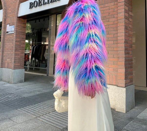 Women Fashion Colorful Faux Fur Crop Jacket