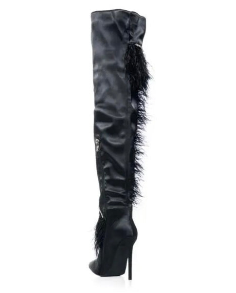 Women Black Fashion Bling Faux Fur Patchwork Knee High Boots