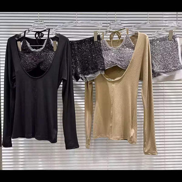 Women Fashion Full Sleeve Sequins Three Piece Short Set