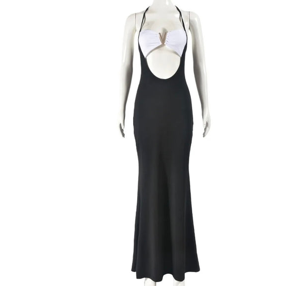 Women Sexy B&W Bling Halter Sleeveless Cut Out Maxi Dress