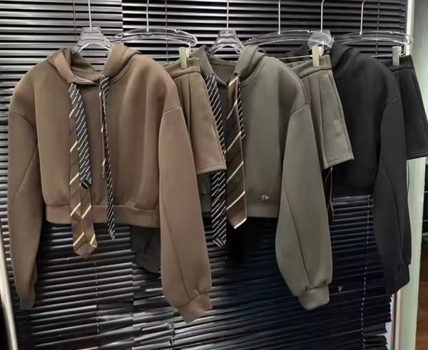 Women Striped Tie Hooded Sweater Two Piece Pleated Skirt Set