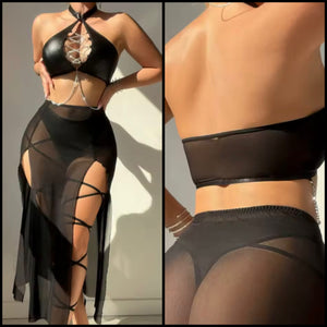 Women Sexy PU Halter Chain Black Mesh Lingerie Set