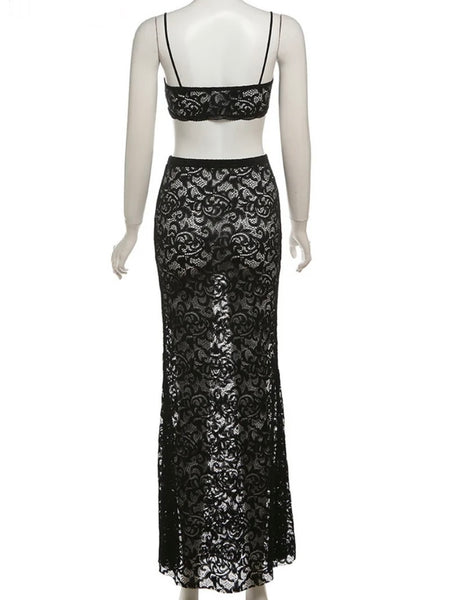 Women Sexy Black Lace Sleeveless Two Piece Maxi Skirt Set