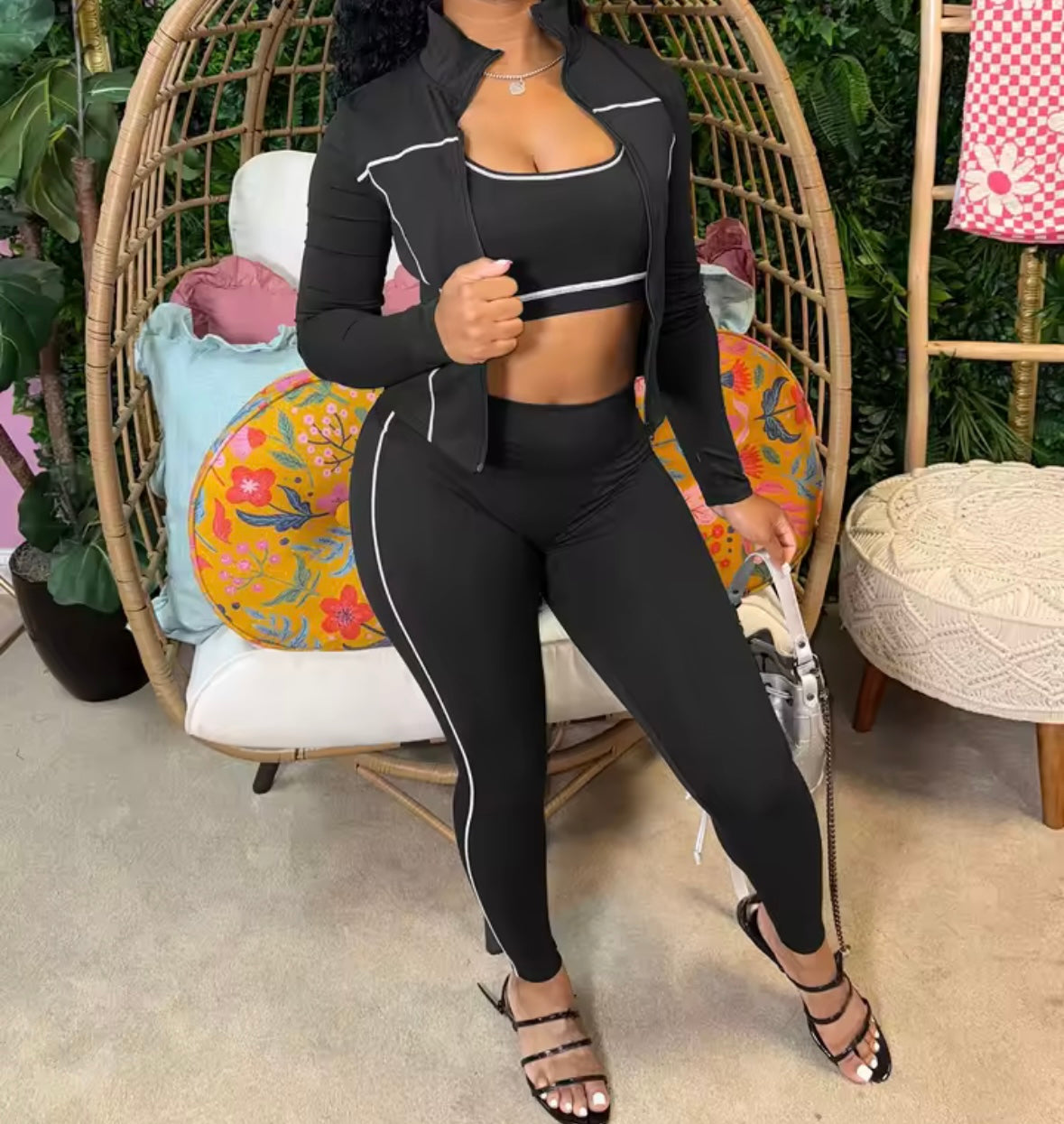 Women Color Striped Fashion Three Piece Tracksuit Pant Set