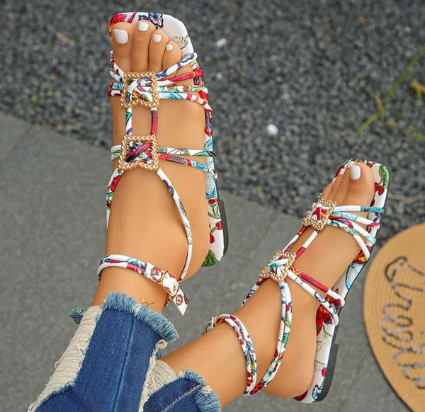 Women Fashion Multicolored Ankle Strap Flat Sandals