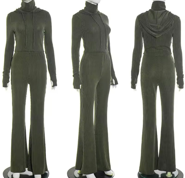 Women Fashion Hooded Ribbed Full Sleeve Two Piece Pant Set