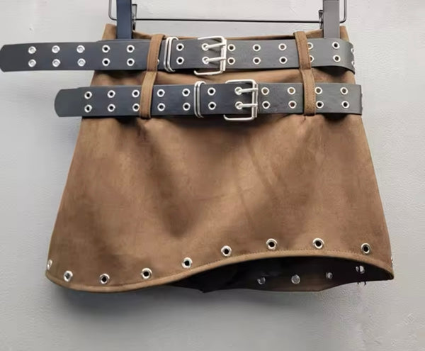 Women Fashion Rivet Double Belt Suede Skirt