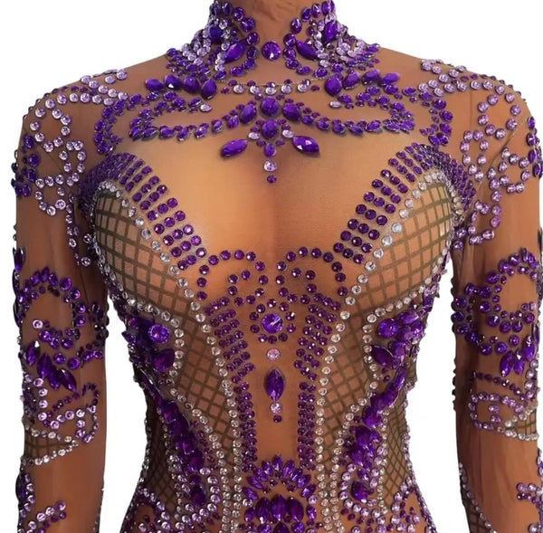 Women Sexy Purple Beaded Crystal Full Sleeve Tassel Mesh Dress