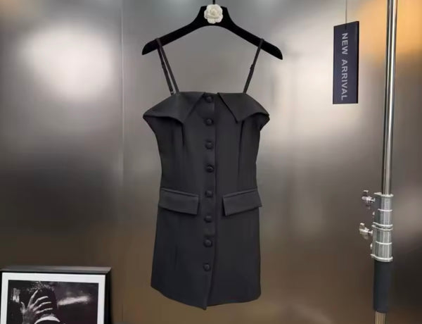 Women Fashion Sleeveless Black Button Up Two Piece Pant Set