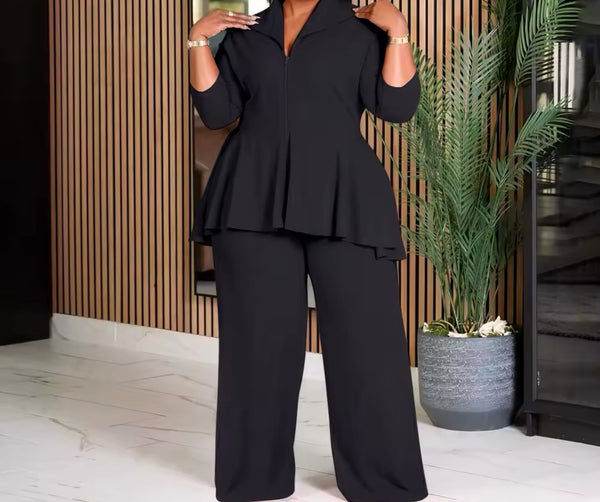 Women Color Ruffled Zip Up Full Sleeve Two Piece Plus Size Pant Set