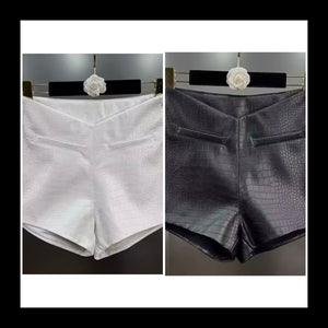 Women Fashion Faux Leather Imitation Pocket Shorts