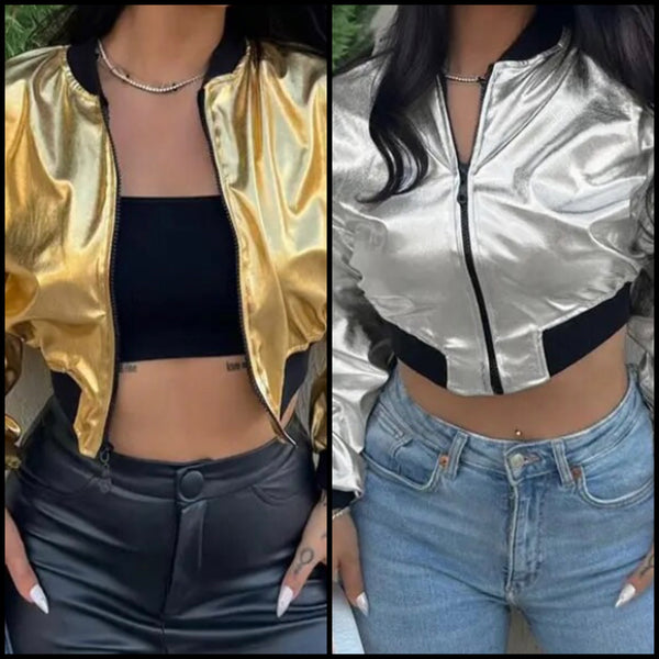 Women Fashion Metallic Color Patchwork PU Crop Jacket