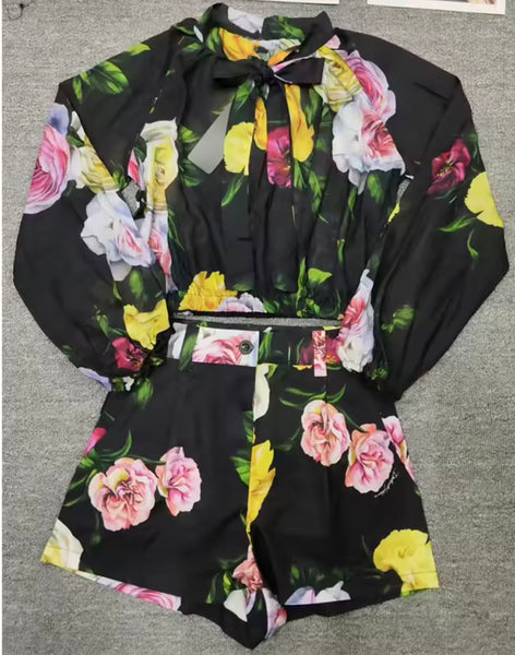 Women Black Floral Print Fashion Two Piece Short Set