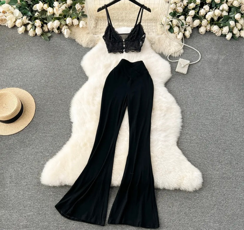 Women Sexy Lace Sleeveless Crop Two Piece Wide Leg Pant Set