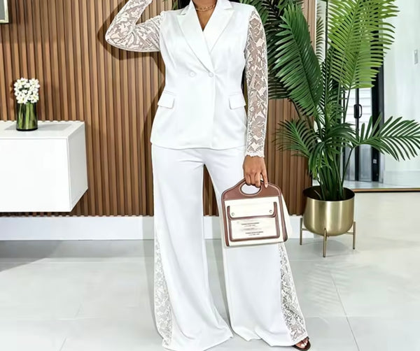 Women Lace Patchwork Blazer Two Piece Pant Set