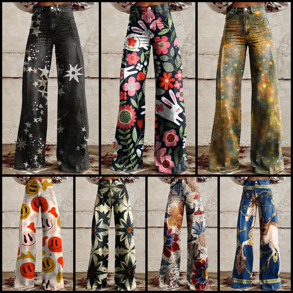 Women Color Printed Fashion Wide Leg Pants