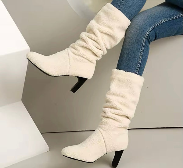 Women Color Fashion Wool High Heel Boots